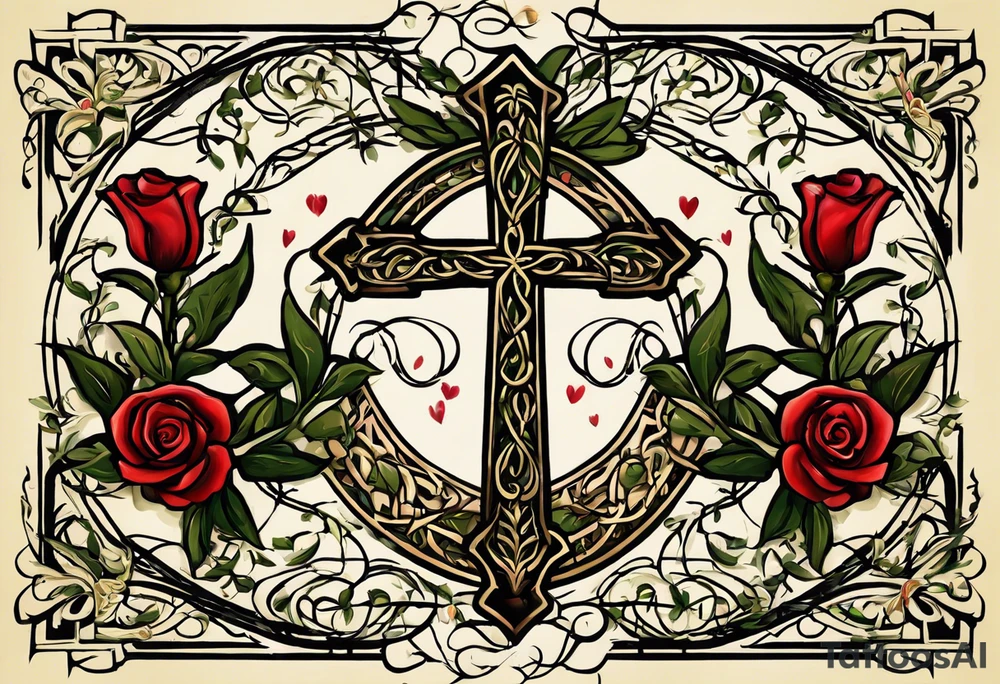 olive branch on wirst at bottom shaped like a manura lamp. A cross above that with smallers olive and rose branches and roses arount it with a crown above the cross on bothe sides small hebrew letters that say king of glory and the other says yeshua messiah in hebrew tattoo idea