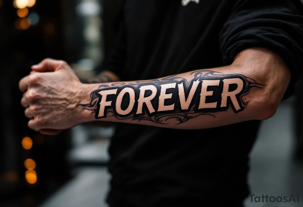 A bold, all-caps "FOREVER" in white ink across the knuckles, clean and simple. tattoo idea
