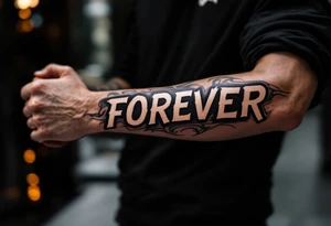A bold, all-caps "FOREVER" in white ink across the knuckles, clean and simple. tattoo idea