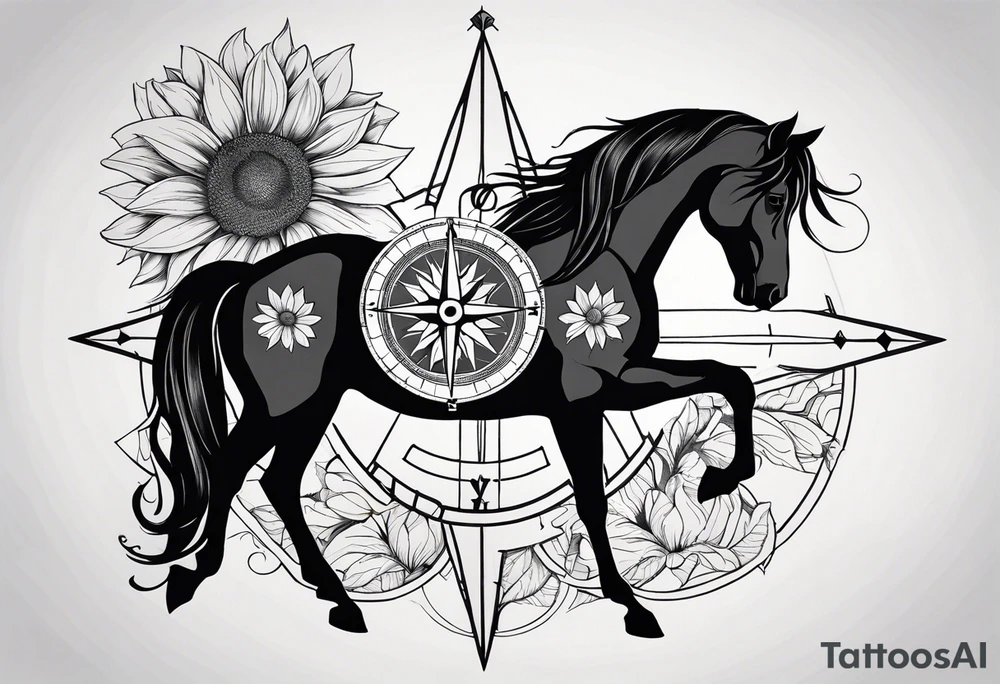 Horse, compass, sunflower tattoo idea