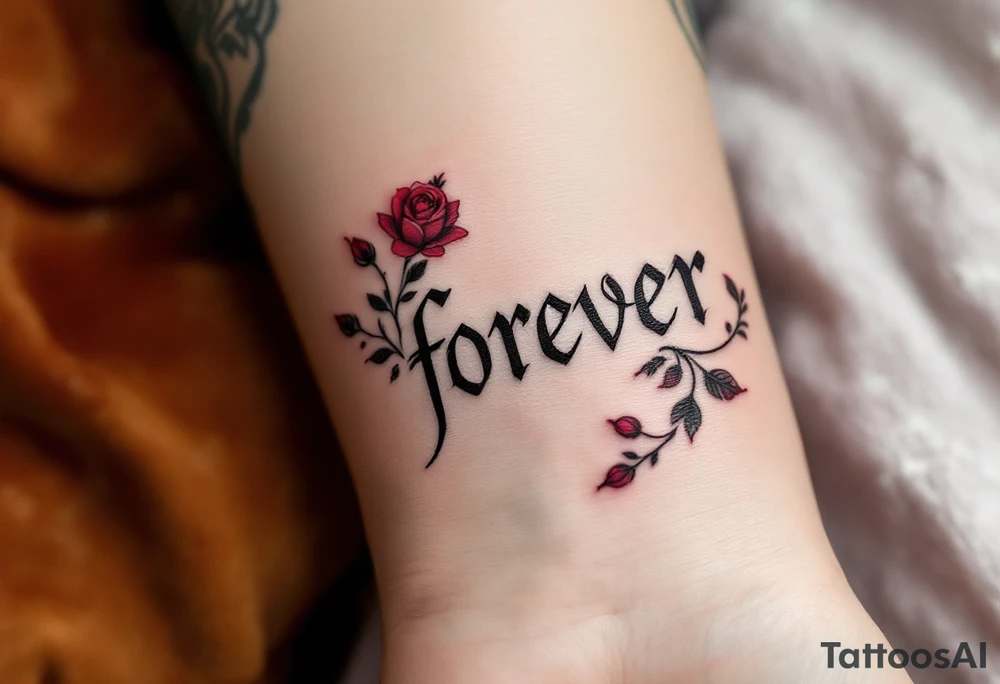 The word "forever" in black gothic font, bordered by dark crimson roses and ivy. tattoo idea