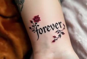 The word "forever" in black gothic font, bordered by dark crimson roses and ivy. tattoo idea