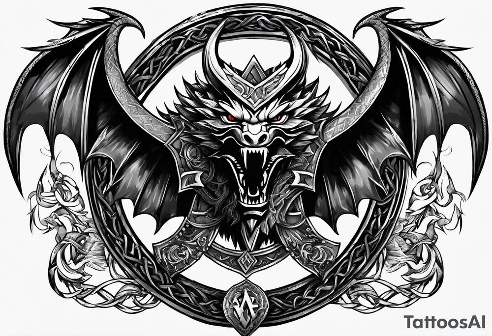Valhalla sword shield dragon axe Valknut barbed wire chains fire tattoo idea
