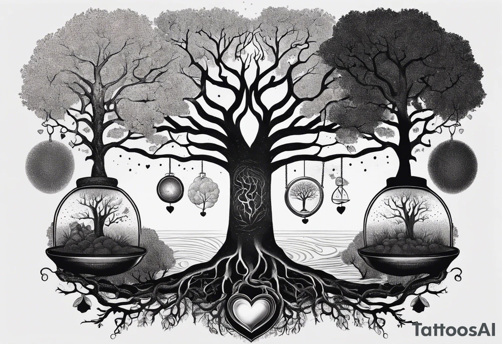 Tree with roots and a brain and heart on a scale hanging from the tree make with Greek mythology influences tattoo idea