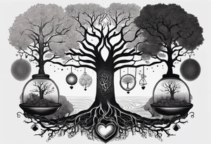 Tree with roots and a brain and heart on a scale hanging from the tree make with Greek mythology influences tattoo idea