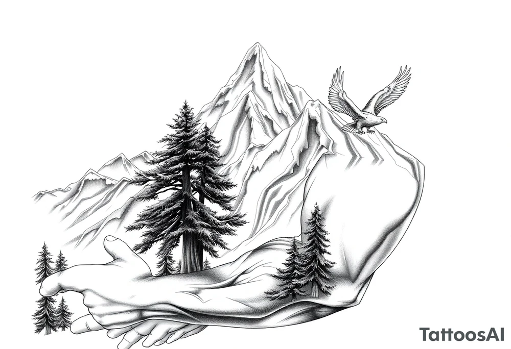Mountain View with large trees and an eagle flying tattoo idea