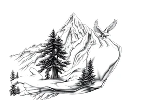 Mountain View with large trees and an eagle flying tattoo idea