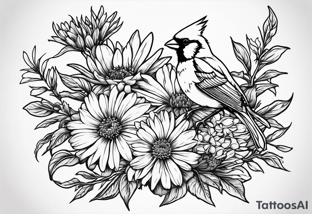 Aster flowers - sea rocket flowers with a cardinal around the words Dad tattoo idea