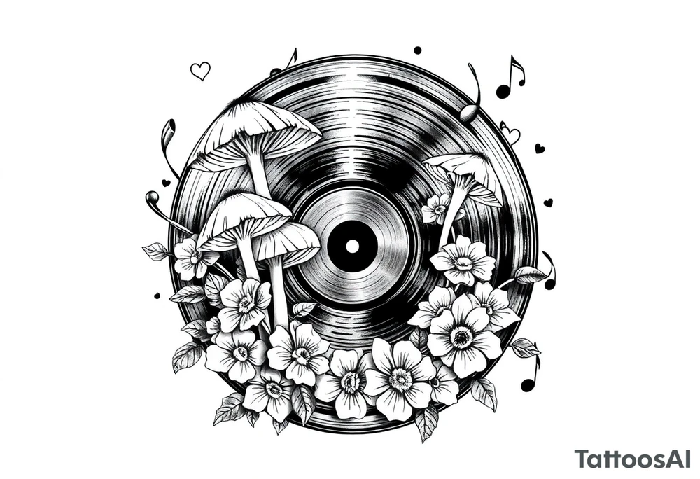 vinyl record with mushrooms, flowers, hearts, and music notes tattoo idea
