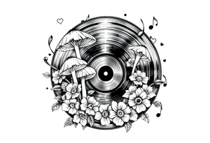vinyl record with mushrooms, flowers, hearts, and music notes tattoo idea