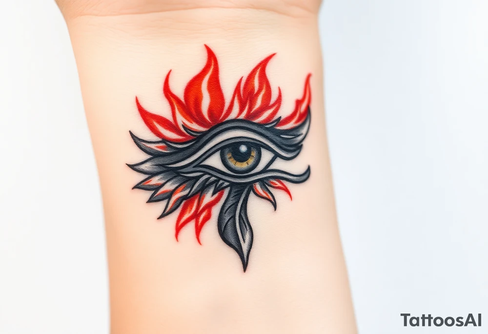 A fire-themed Eye of Horus, with glowing orange and red flames dancing around, symbolizing transformation and power tattoo idea