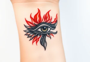 A fire-themed Eye of Horus, with glowing orange and red flames dancing around, symbolizing transformation and power tattoo idea