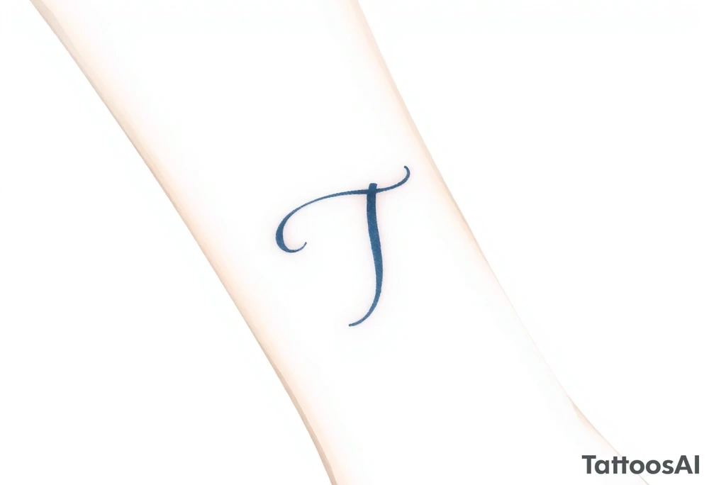 A handwritten "T" in indigo ink, underlined with a delicate wave. tattoo idea