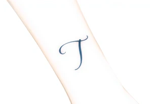 A handwritten "T" in indigo ink, underlined with a delicate wave. tattoo idea