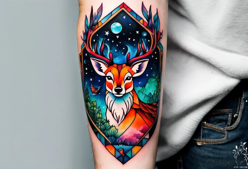 Arm tattoo featuring stag, fox and birds in canal in Amsterdam in space featuring galaxy colours and watercolour tattoo idea