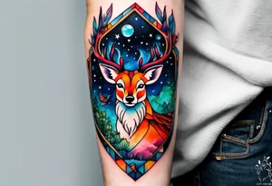 Arm tattoo featuring stag, fox and birds in canal in Amsterdam in space featuring galaxy colours and watercolour tattoo idea