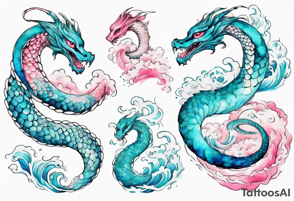 a turquoise and white and pink pretty sea serpent with beautiful eyes rising from the blue waves of the ocean tattoo idea
