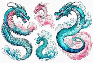 a turquoise and white and pink pretty sea serpent with beautiful eyes rising from the blue waves of the ocean tattoo idea