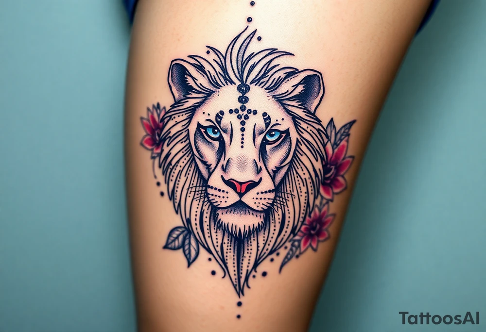 Lion with blue eyes surrounded by larkspur and water lily tattoo idea