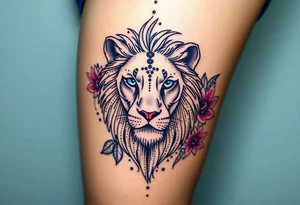 Lion with blue eyes surrounded by larkspur and water lily tattoo idea