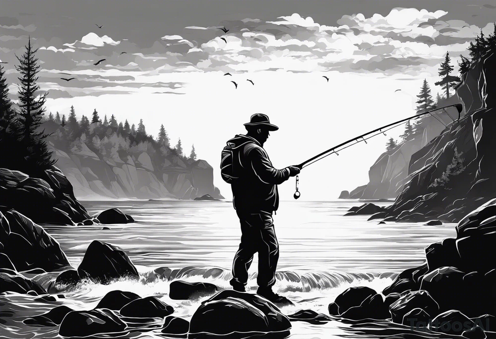 man fishing on a rocky beach silhouette tattoo idea