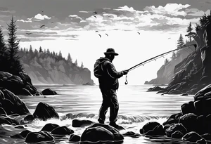 man fishing on a rocky beach silhouette tattoo idea