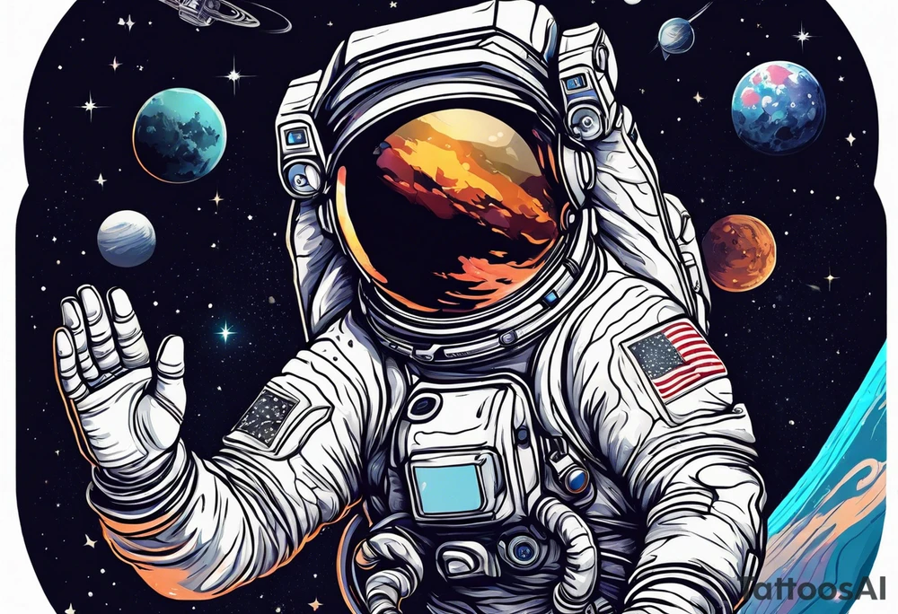Astronaut floating reaching hand out to space tattoo idea