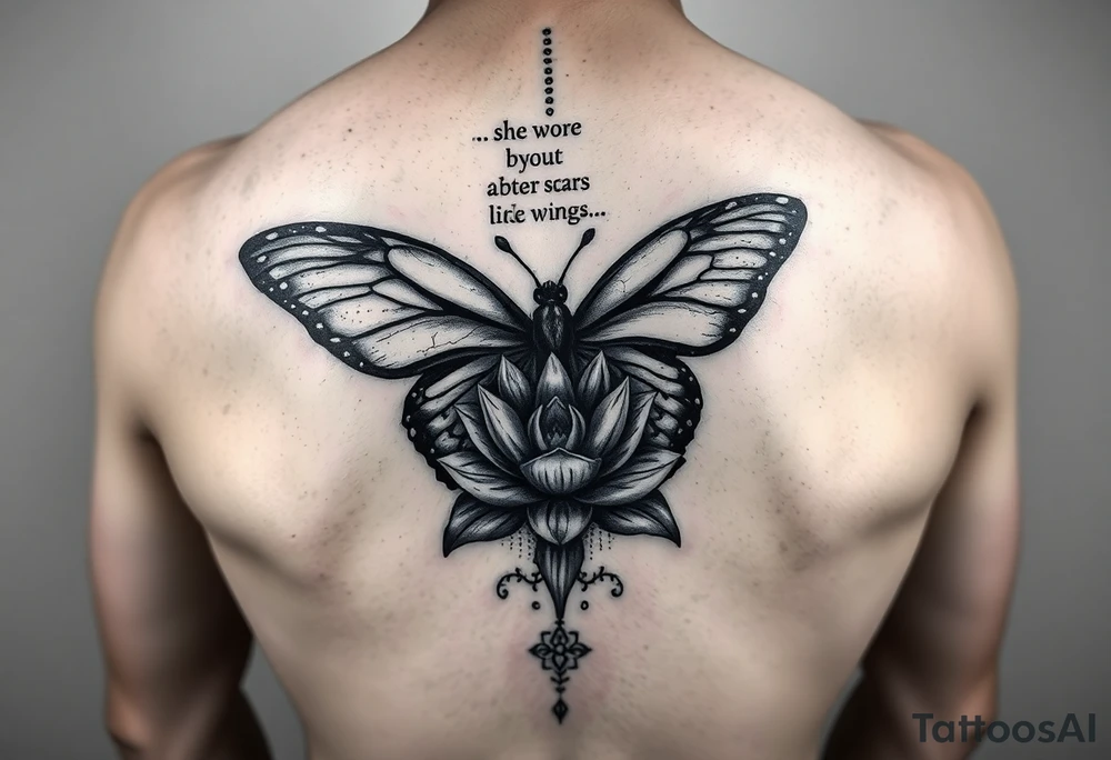 butterfly with cracked wings and lotus flower with quote that says “she wore her scars like wings” all down spine but very elegant towards lower back and small tattoo idea