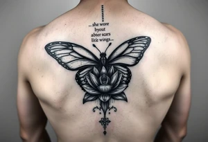 butterfly with cracked wings and lotus flower with quote that says “she wore her scars like wings” all down spine but very elegant towards lower back and small tattoo idea