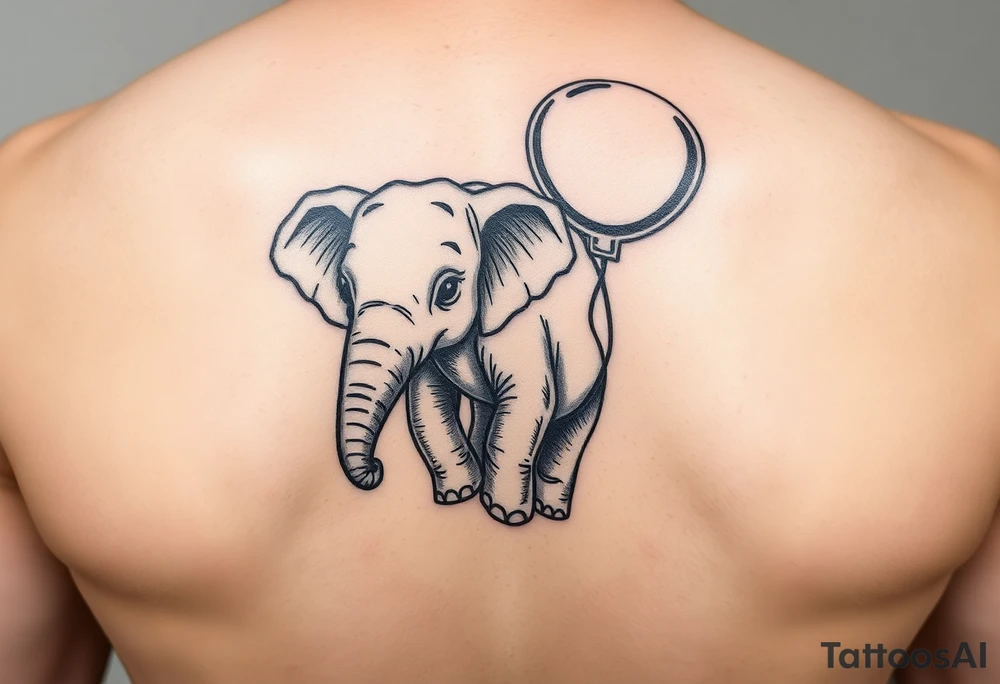 Baby elephant next to hour glass holding autism balloon tattoo idea