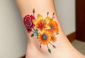 a colorful, vibrant, watercolor tattoo with one red rose, one orange lily, one gold marigold, and one orange cosmos flower and with splashes of color tattoo idea