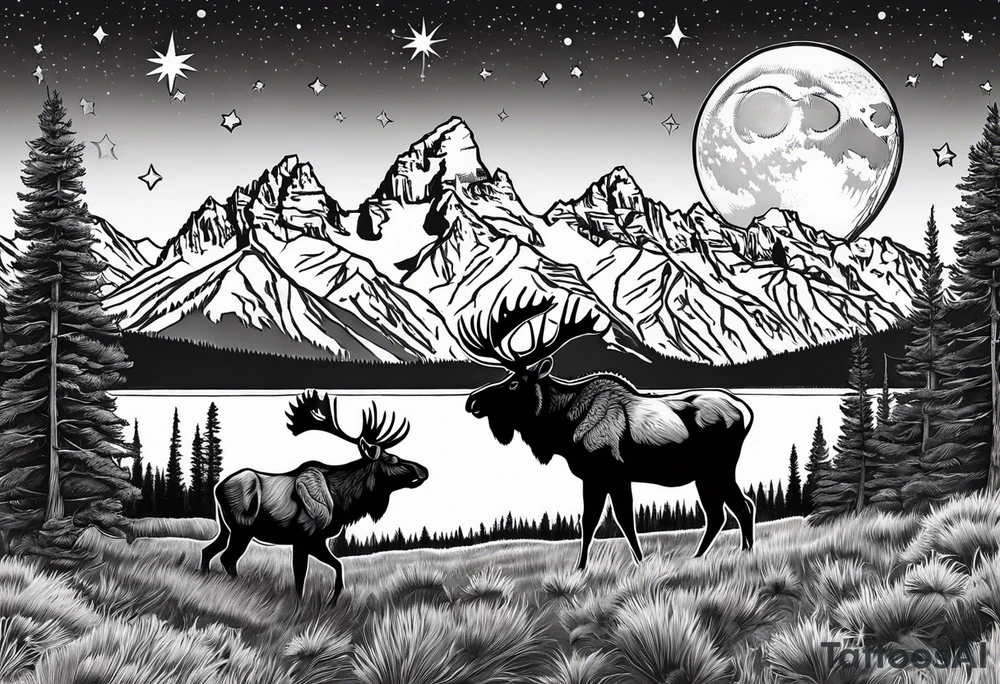 Half sleeve of Teton mountain range with moon and stars in the sky, two moose somewhere in picture tattoo idea