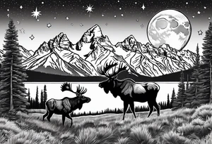 Half sleeve of Teton mountain range with moon and stars in the sky, two moose somewhere in picture tattoo idea