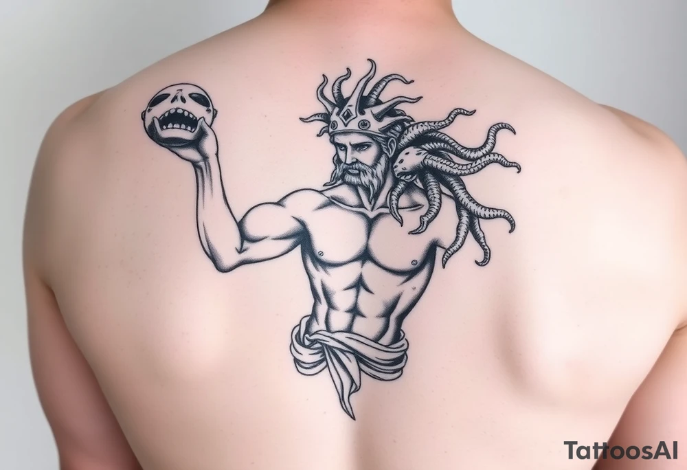 Perseus the Greek hero, holding Medusa’s severed head in victory, black and white and a part of a leg sleeve tattoo idea