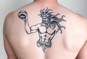 Perseus the Greek hero, holding Medusa’s severed head in victory, black and white and a part of a leg sleeve tattoo idea