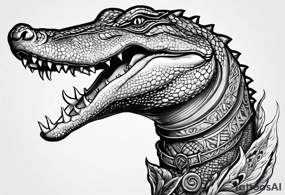 Dagger made out of an alligator with a woman on the blade tattoo idea