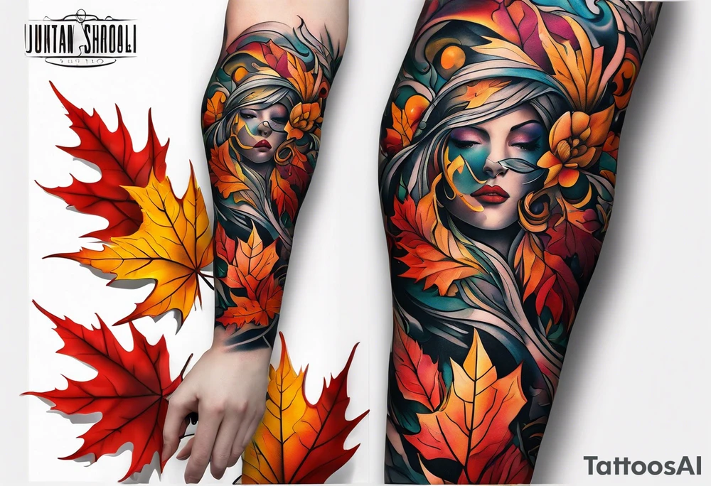 Arm Sleeve Tattoo with fall colors,  flattened tattoo idea