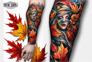 Arm Sleeve Tattoo with fall colors,  flattened tattoo idea