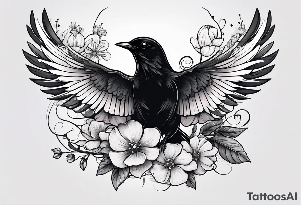 A black bird with its wings open on a branch with flowers and a cancer ribbon around the branch tattoo idea