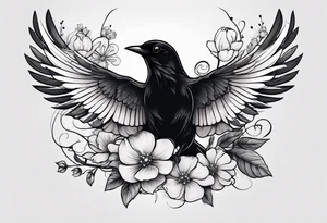 A black bird with its wings open on a branch with flowers and a cancer ribbon around the branch tattoo idea