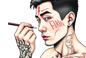 Handsome Asian young guy is putting ritual make up on tattoo idea