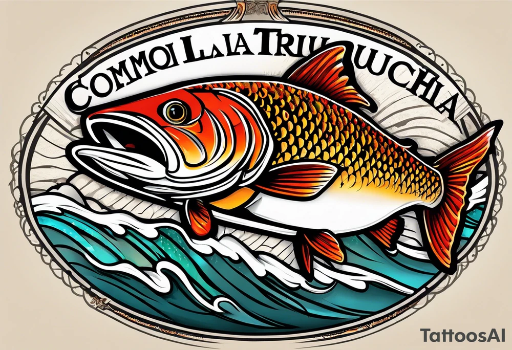 A small tattoo with a shaded trout and text that says, 'Como la trucha...' drawn with fine lines." tattoo idea