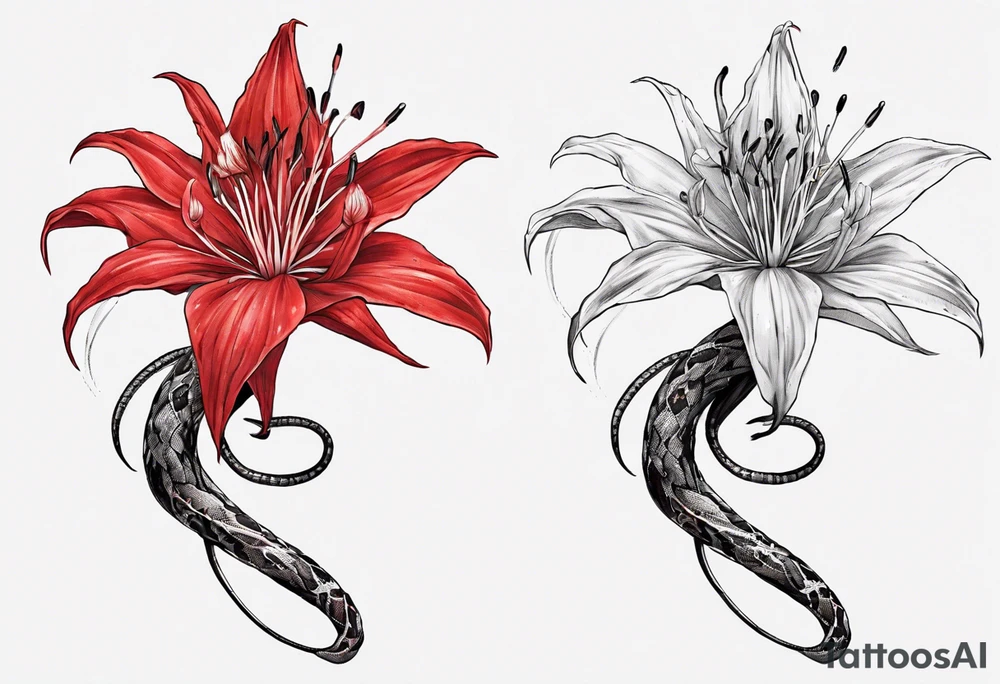 Red spiked spider lily with snake wrapped around stem for forearm tattoo idea