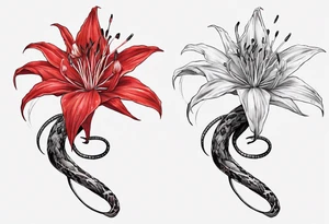 Red spiked spider lily with snake wrapped around stem for forearm tattoo idea