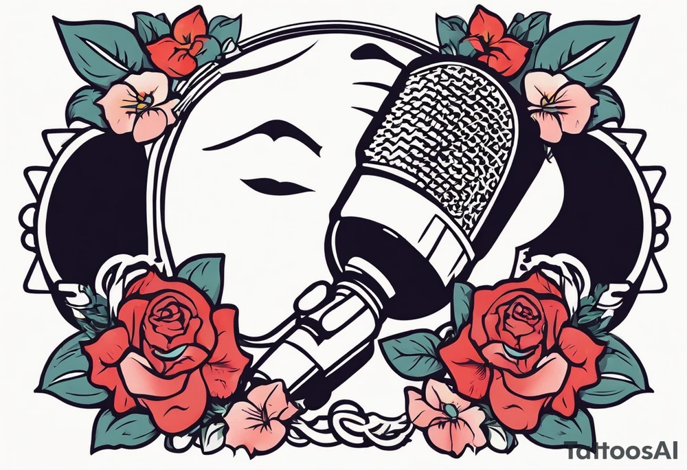 lips singing old school vintage traditional
flowers around and mouth next to microphone tattoo idea