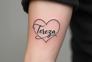 A delicate, outline heart with a flowing ribbon, containing the name "Tereza" in elegant cursive, with soft pastel pink and gold accents. tattoo idea