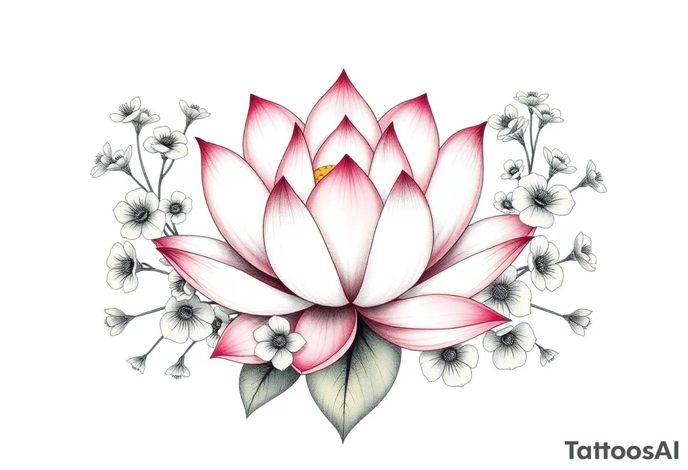 Lotus flower surrounded by forget me nots and peonies tattoo idea
