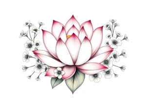 Lotus flower surrounded by forget me nots and peonies tattoo idea