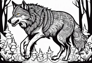 A powerful Wolf ist carrying a crow on His back
Background Woods tattoo idea