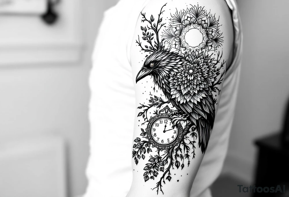 left arm tattoo of a raven mandala on a branch next to a clock face tattoo idea